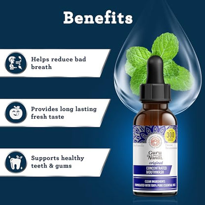 GuruNanda Concentrated Mouthwash (2 fl oz), Fluoride-Free, Mint Mouthwash with Natural