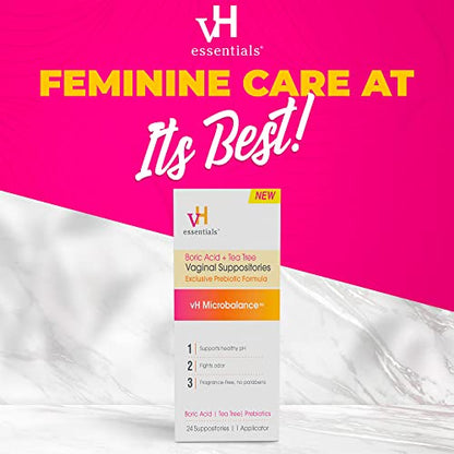 vH essentials Boric Acid + Tea Tree Vaginal Suppositories - Prebiotics Formula with Lactic Acid
