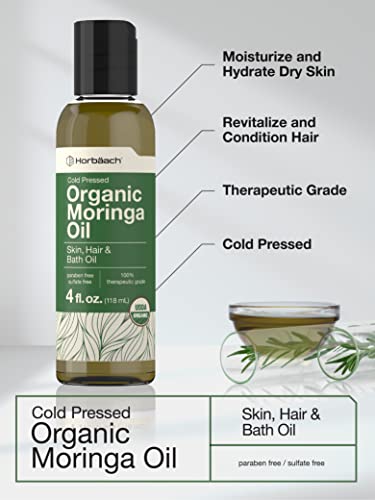 Organic Moringa Oil | 4 fl oz | for Face, Hair, and Skin | 100% Therapeutic Grade | Paraben