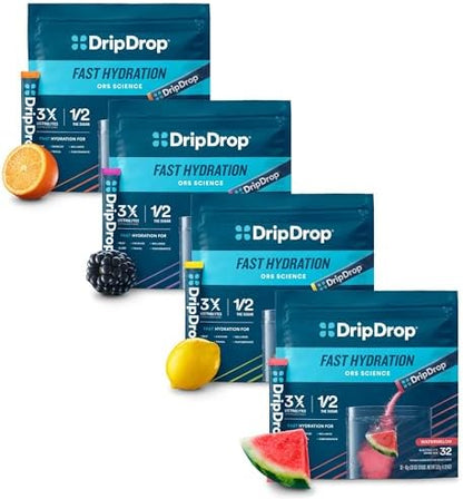 DripDrop Hydration Bold Variety Value Bundle Electrolyte Packets, 128 Count | Watermelon, Berry, Lemon, Orange; 3X Electrolytes, Vitamin C, Magnesium, Zinc; Single Serve Powder Drink Mix; Value Pack