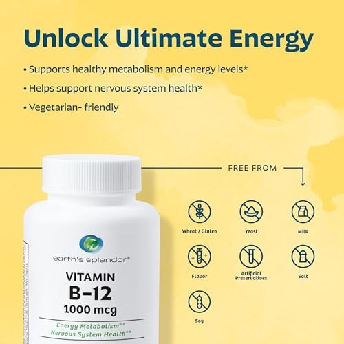 Earth's Splendor Energy & Health: Vitamin B12 (200 Tablets), Magnesium for Bone & Muscle Support (100 Caplets), Vitamin D3 2,000 IU (75 Capsules) – No Artificial Additives, Gluten & Wheat Free