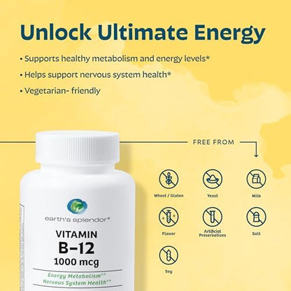 Earth's Splendor Energy & Health: Vitamin B12 (200 Tablets), Magnesium for Bone & Muscle Support (100 Caplets), Vitamin D3 2,000 IU (75 Capsules) – No Artificial Additives, Gluten & Wheat Free