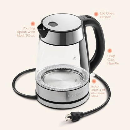 Speed-Boil Electric Kettle For Coffee & Tea - 1.7L Water Boiler 1500W, Borosilicate Glass