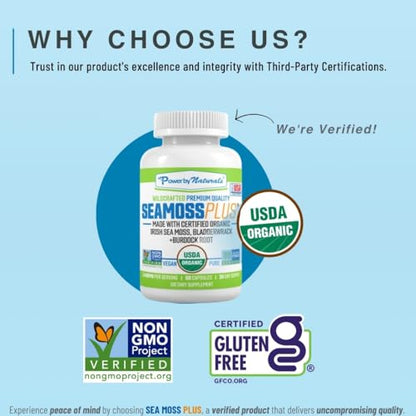 Power By Naturals Sea Moss Plus - USDA Certified Organic Irish Sea Moss Capsules