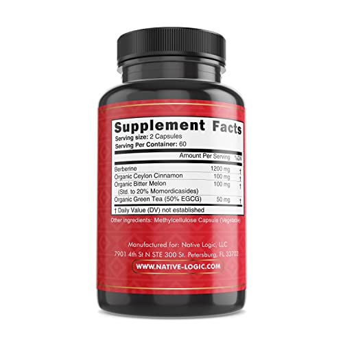 Native Logic Berberine HCL 1200mg with Ceylon Cinnamon, Bitter Melon, and Green Tea