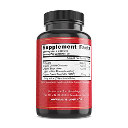 Native Logic Berberine HCL 1200mg with Ceylon Cinnamon, Bitter Melon, and Green Tea