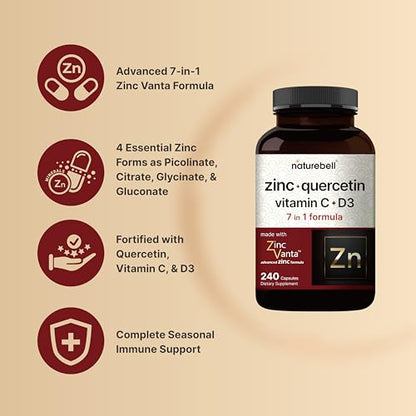 NatureBell Zinc Quercetin with Vitamin C & D3, 240 Capsules | Quercetin 1,000mg, 4 in 1 Zinc 50mg, Vitamin C 250mg, Vitamin D3 5,000 IU – ZincVanta Advanced Immune Defense & Lung Support