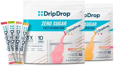 DripDrop Hydration Sugar Free Electrolyte Packets, Variety Pack, 64 Count | Lemon Lime, Watermelon, Peach, Passion Fruit, Cherry Limeade, Citrus, Orange, Strawberry Lemonade; Zero Sugar; Single Serve
