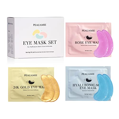 PEAUAMIE Under Eye Patches (30 Pairs) Gold Eye Mask and Hyaluronic Acid Eye Patches