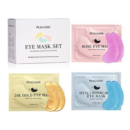 PEAUAMIE Under Eye Patches (30 Pairs) Gold Eye Mask and Hyaluronic Acid Eye Patches
