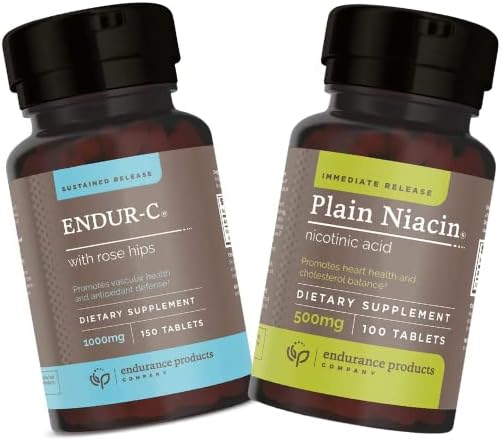 Endurance Products ENDUR-C® - 1000mg Sustained-Release Vitamin C Supplement for Optimal Absorption* - 150 Tablets B3 Plain Niacin - 500mg Immediate Release Vitamin B-3 with Flush - 100 Tablets