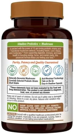 Vitalibre Probiotics+Mushroom, with Lion's Mane, Reishi, Cordyceps, 10 Probiotic Strains, 1000mg Mushroom Extract Blend, for Digestive, Immune, Brain Health & Energy Production, 60 Vegan Capsules