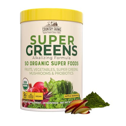 COUNTRY FARMS Super Greens Apple Banana Flavor, 50 Organic Super Foods