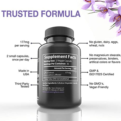 Nutra Simple Saffron Supplements 177mg, Pure Saffron Extract, Made in USA, Natural