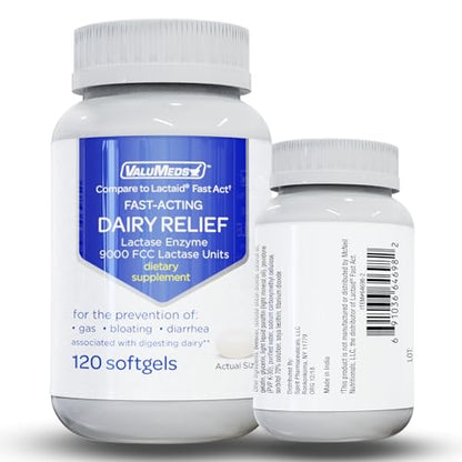 ValuMeds Fast Acting Dairy Relief Lactose Enzymes, 120 Softgels, Help Prevent Gas