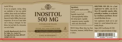 Solgar Inositol 500 mg Vegetable Capsules - Vitamin B8 - Vegan, Vegetarian, Kosher
