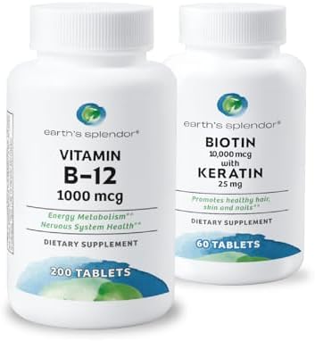 Earth's Splendor Energy & Hair Support: Vitamin B12 (200 Tablets) + Biotin 10,000 mcg & Keratin 25mg (60-Day Supply) - Boosts Energy, Hair, Nails & Skin - No Artificial Colors, Gluten Free