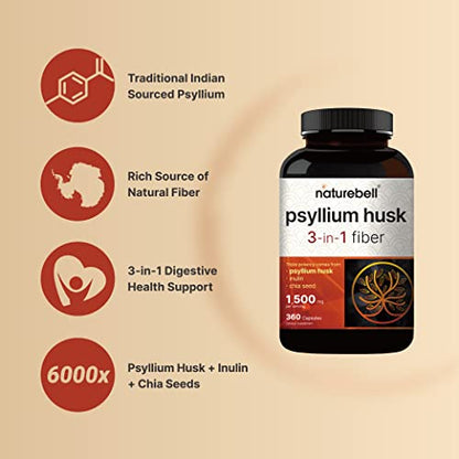 NatureBell Psyllium Husk Capsules 1500mg Per Serving, 360 Count, with Inulin