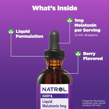 Natrol Liquid Melatonin 1mg, Berry-Flavored Dietary Supplement for Restful Sleep, 2 Fl Oz