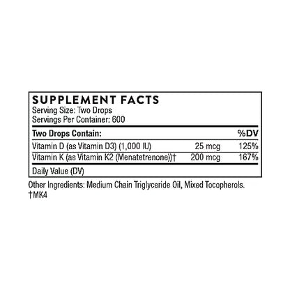 THORNE Vitamin D + K2 Liquid with a metered Dispenser - Vitamins D3 and K2 to Support