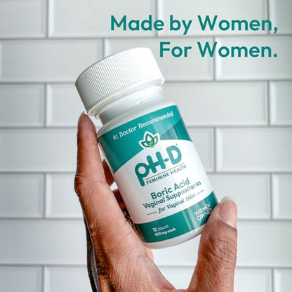 pH-D Feminine Health - 600 mg Boric Acid Suppositories - Woman Owned - for Vaginal Odor Use - 12 Count