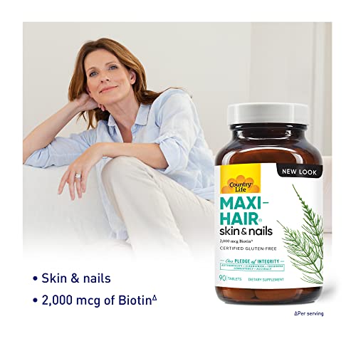 Country Life Maxi-Hair with 2000mcg of Biotin, Nourishes Hair, Skin and Nails 90 Tablets