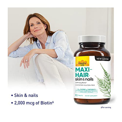 Country Life Maxi-Hair with 2000mcg of Biotin, Nourishes Hair, Skin and Nails 90 Tablets