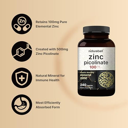 High Potency Zinc Picolinate 100mg - 240 Capsules, Bioavailable Form of Zinc