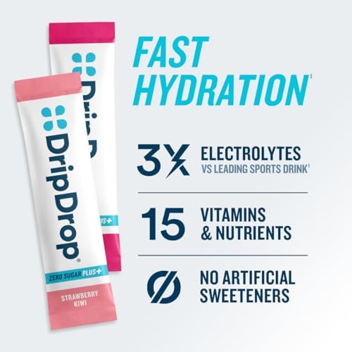 DripDrop Hydration Zero Sugar Plus Juicy Electrolyte Packets, Bundle, 32 Ct | Fruit Punch, Grape, Strawberry Lemonade, Cherry & Sugar Free Strawberry Kiwi, Peach, Cherry Limeade, Wild Berry; Single Serve