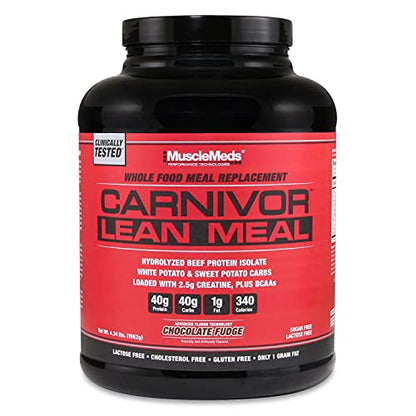 MuscleMeds CARNIVOR LEAN MEAL whole food meal replacement shake, MRE, beef protein isolate, white potato, sweet potato, 40g protein, 40 g carbs, lactose free, sugar free, Chocolate Fudge 20 servings