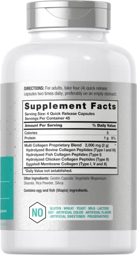 Multi Collagen Protein 2000 mg | 180 Capsules | Type I, II, III, V, X | Collagen Peptide Pills