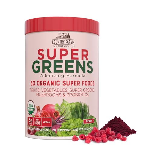 COUNTRY FARMS Super Greens Berry Flavor, 50 Organic Super Foods, USDA Organic 