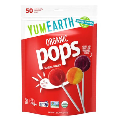 YumEarth Organic Pops Variety Pack, 50 Fruit Flavored Favorites Lollipops, Allergy Friendly