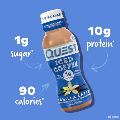 Quest Nutrition Iced Coffee, Vanilla Latte, 1g of Sugar, 10g of Protein, 90 calories, 200mg