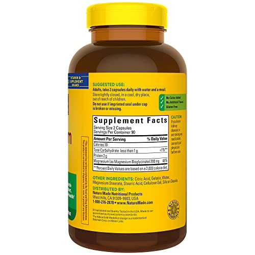 Nature Made Magnesium Glycinate 200 mg per serving, Dietary Supplement for Muscle