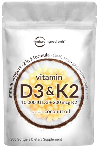 Vitamin D3 10000 iu Plus K2 (MK-7) 200 mcg, 300 Virgin Coconut Oil Softgels