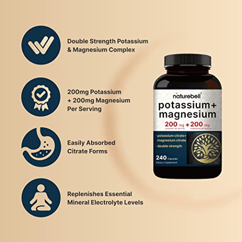 Potassium Magnesium Supplement – 200mg + | 240 Capsules Easily Absorbed Citrate