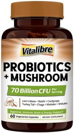 Vitalibre Probiotics+Mushroom, with Lion's Mane, Reishi, Cordyceps, 10 Probiotic Strains, 1000mg Mushroom Extract Blend, for Digestive, Immune, Brain Health & Energy Production, 60 Vegan Capsules