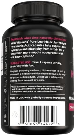 Vital Vitamins Hyaluronic Acid Supplements, 60 Capsules | 200mg Low Molecular Weight HA, Supports Skin Hydration, Elasticity & Joint Comfort, Vegan & Non-GMO
