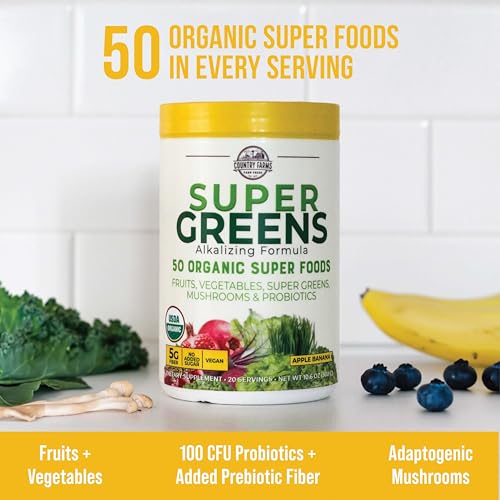 COUNTRY FARMS Super Greens Apple Banana Flavor, 50 Organic Super Foods