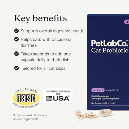 PetLab Co. Probiotics for Cats, Gut & Digestive Support, 30 Capsules | 6-strain blend with 2.1 billion CFUs and pumpkin prebiotic to support digestive function and healthy stool