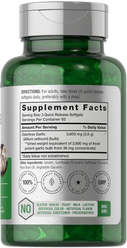 Odorless Garlic Softgels | 250 Count | Ultra Potent Garlic Extract | Non-GMO & Gluten Free