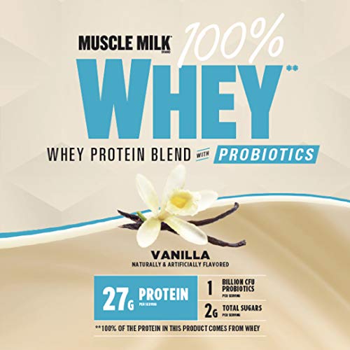 Muscle Milk 100% Whey With Probiotics Protein Powder, Vanilla, 1.85 Pound, 23 Servings