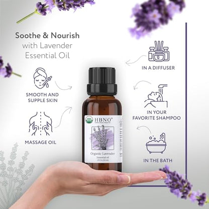 HBNO Organic Lavender Essential Oil - 1 oz (30ml) Value Size - USDA Certified Organic Lavender