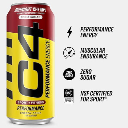 C4 Energy Carbonated Zero Sugar Energy Drink, Pre Workout Drink + Beta Alanine, Midnight Cherry, 16 Fl Oz (Pack of 24)