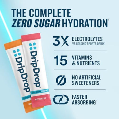DripDrop Hydration Zero Sugar Plus Electrolyte Packets, Bundle, 32 Ct | Raspberry Lemonade, Watermelon, Tangerine, Tropical Punch, Strawberry Kiwi, Peach, Cherry Limeade, Wild Berry; Sugar Free
