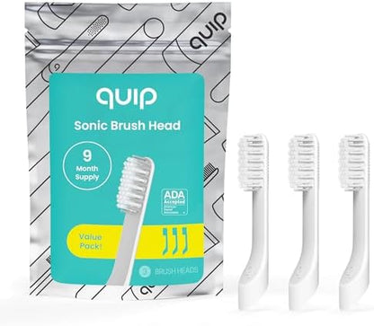 Quip Metal Sonic Electric Toothbrush for Adults with Replacement Heads Product Bundle - Timed Ravel with Soft Bristles and Travel Case with 3 Pack Brush Head Refills - Twilight Faded Blue