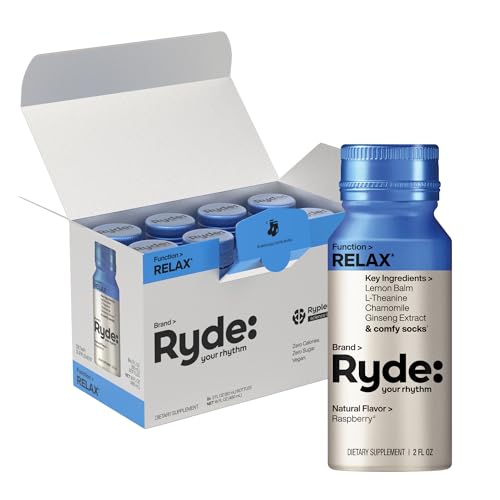 RYDE Bundle, Relax + Focus Shots, L-Theanine, Ginseng, Chamomile and Caffeine, Zero Calories, Zero Sugar, Pack of 16