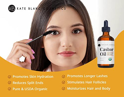 Kate Blanc Cosmetics Organic Castor Oil (4oz). 100% Pure, Cold Pressed, Hexane Free in a Glass Bottle