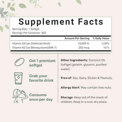 Vitamin D3 10000 iu Plus K2 (MK-7) 200 mcg, 300 Virgin Coconut Oil Softgels